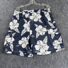 OP swim trunks men's medium mesh lined blue white floral pockets elastic waist