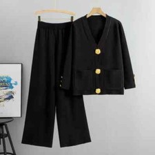 Sets V Neck Cardigans Wide Leg Pant Women Sweater Two Pieces Suit