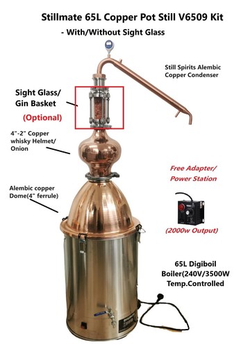 StillMate 65L Copper Pot still Kit V6509 with Copper dome/helmet whisky Making