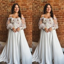 Bohemian Vintage Wedding Dresses Chiffon with Florals Court Train Bridal Gowns