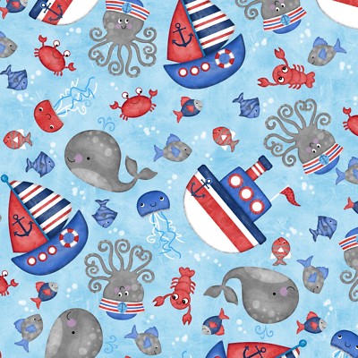 Anchors Away Boats & Sea Life L' blau Stoff FQ halber Meter oder Meter 100% Baumwolle