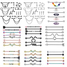 6-16PCS Industrial Barbell Stainless Steel Cartilage Earrings Piercing Kits 14G
