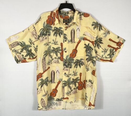 Hawaiian Silk Co Shirt Mens XL Yellow Button Up Ukulele Palm Trees Short Sleeves
