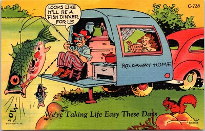Postcard Exaggeration Fishing Cat Camper Fish Dinner For Us Humor B154