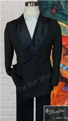 Vtg After Six Dimitri 42R 32x30 Slim Black Tuxedo Double Breasted Suit