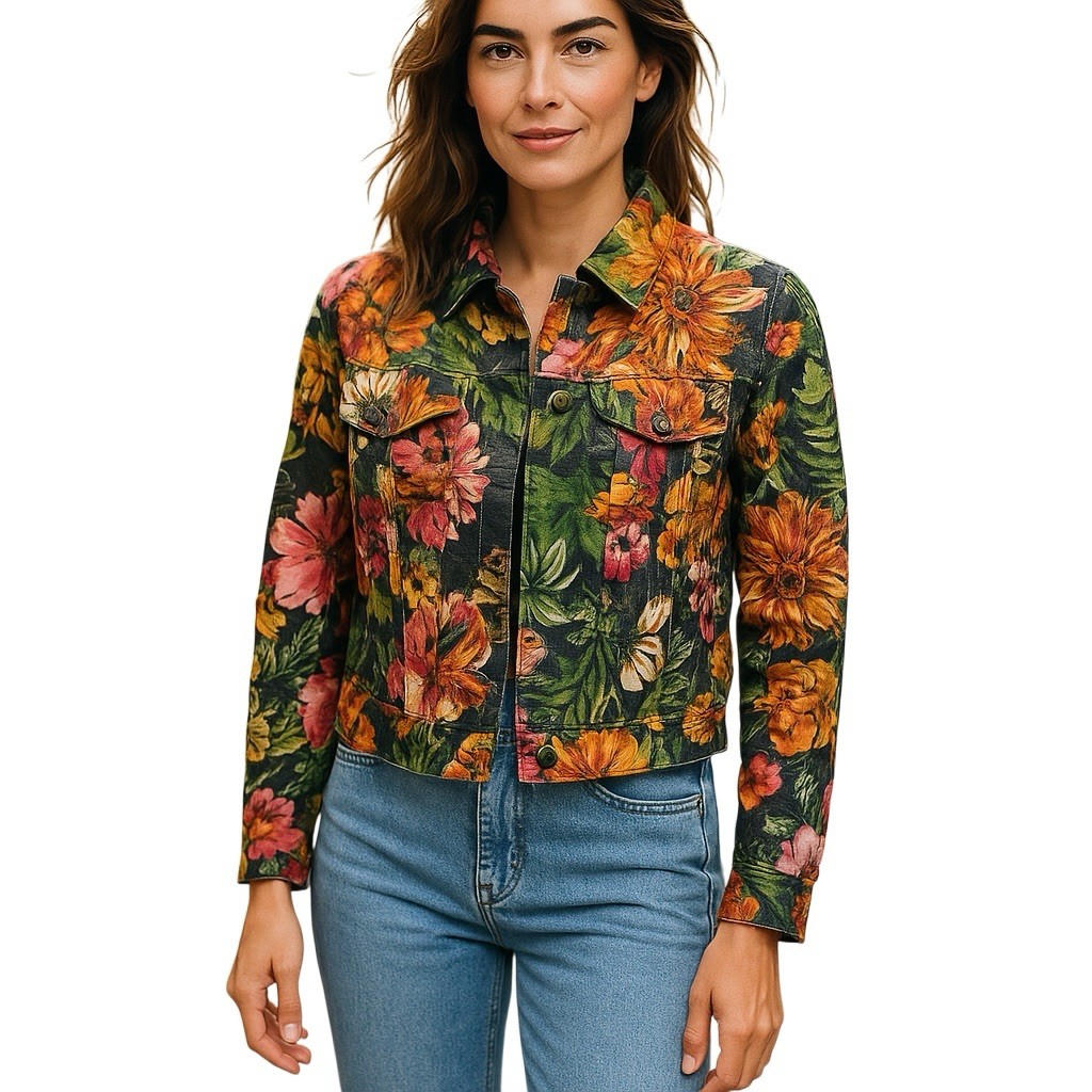 Chicos Women's Blazer Size 2 Large  Open Front Silk Blend Floral Jacket Career