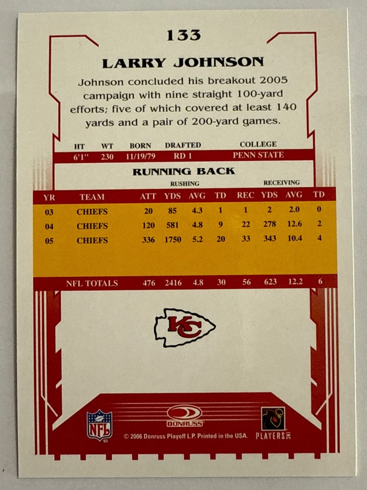 2006 Score Select - Larry Johnson #133 Kansas City Chiefs - Image 3 of 3