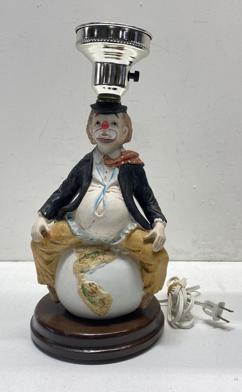 Vintage Clown Table Lamp Figural Ceramic Globe Hand Painted Wood Base