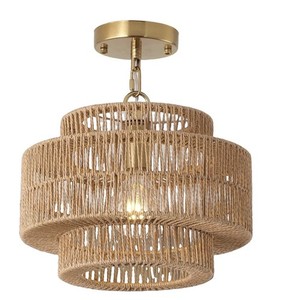 Woven Rattan Drum Pendant Ceiling Light, Beige, Hardwired Indoor Fixture