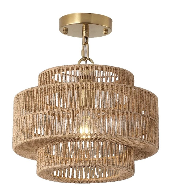 Woven Rattan Drum Pendant Ceiling Light, Beige, Hardwired Indoor Fixture
