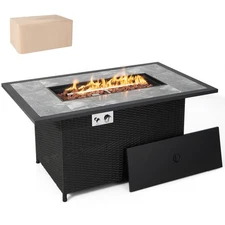 52" Propane Fire Pit Table Marble Tabletop Rattan Wicker w/ Rain Cover Lava Rock