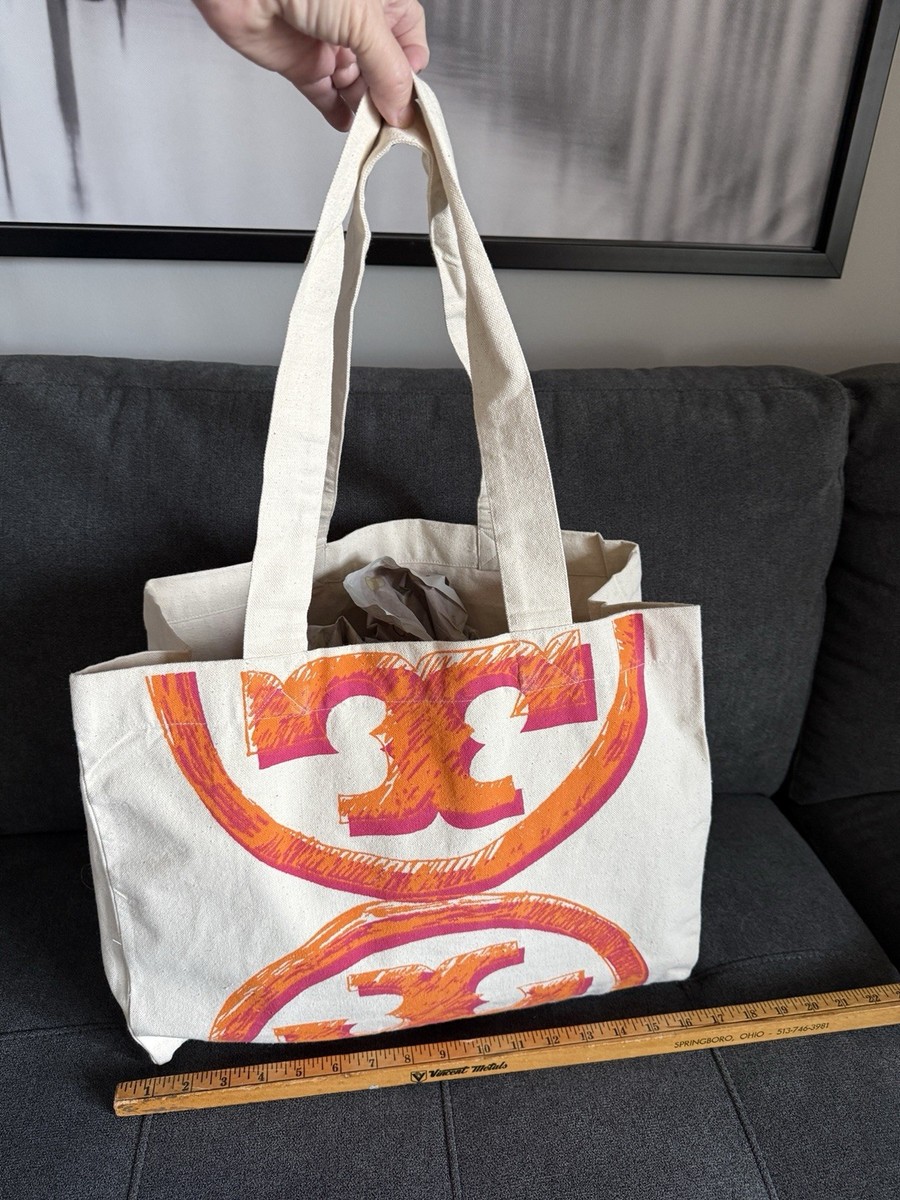 Tory Burch Canvas East West Orange Shopping Beach Tote Bag Double