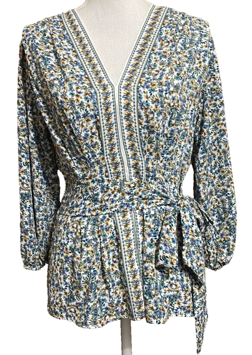 Pre Owned Max Studio Floral Crepe Back Ruffle Long Sleeve Boho Top Multi Color S