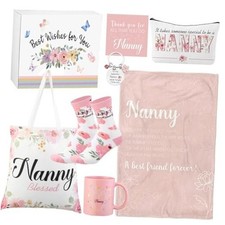 8 Pcs Christmas Nanny Gifts with Nanny Mug Blanket Handbag Cosmetic Bag Socks