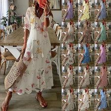 Womens Boho Floral V-Neck Maxi Dress Ladies Summer Beach Casual Holiday Sundress