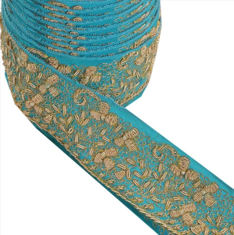 Sánskriti Vintage Sari Borde Cuentas Artesanal Zardoz Decoración Encaje 1YD Azul Aqua Foto 2 de 4