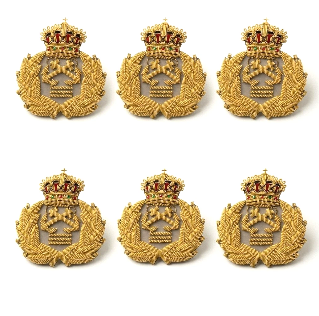 6 X Golden Bullion Royal Crown & Laurel Wreath Emblem Patch - Hand Embroidered