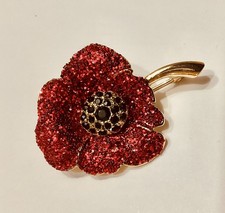 Brosche Emaille und Strass rote Blumen, goldfarben