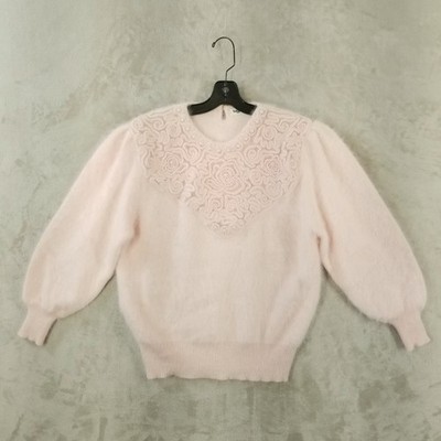 Big Star Sweater Women XL Angora Blend Pink Beaded Lace Yoke Puff Sleeve