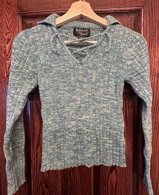 Y2K lace up ribbed sweater, teal marled knit, cropped long sleeve, size M