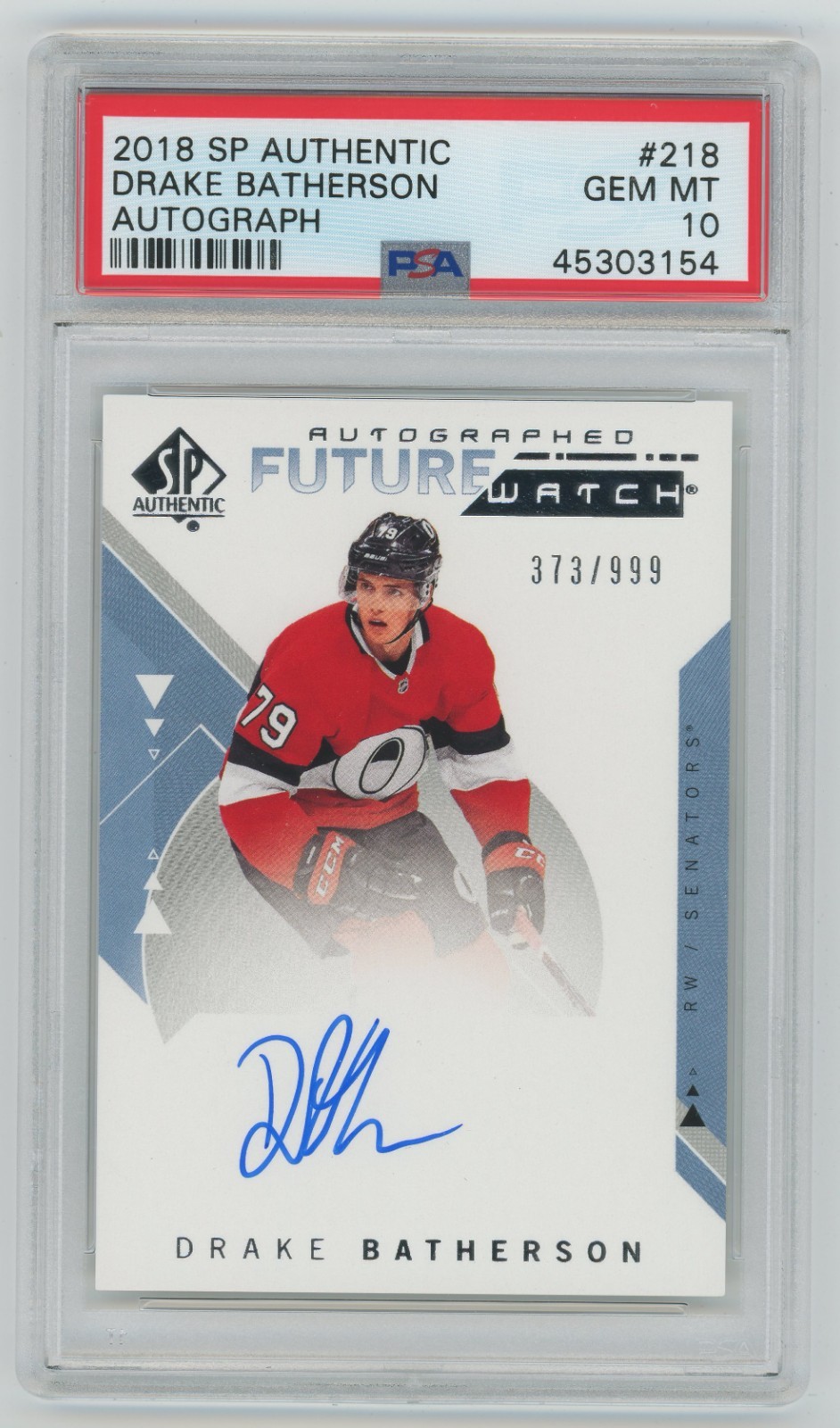 2018-19 Upper Deck SP Authentic Future Watch Auto Drake Batherson /999 PSA 10