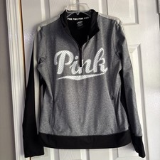 PINK Ultimate Quarter Zip Pullover Size Large Gray Black Long Fit