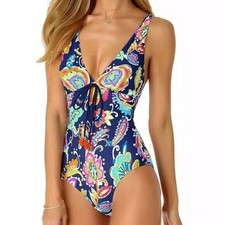 NWT Anne Cole 8 PAISLEY POM PLUNGE Deep V 1PC Swimsuit 132903