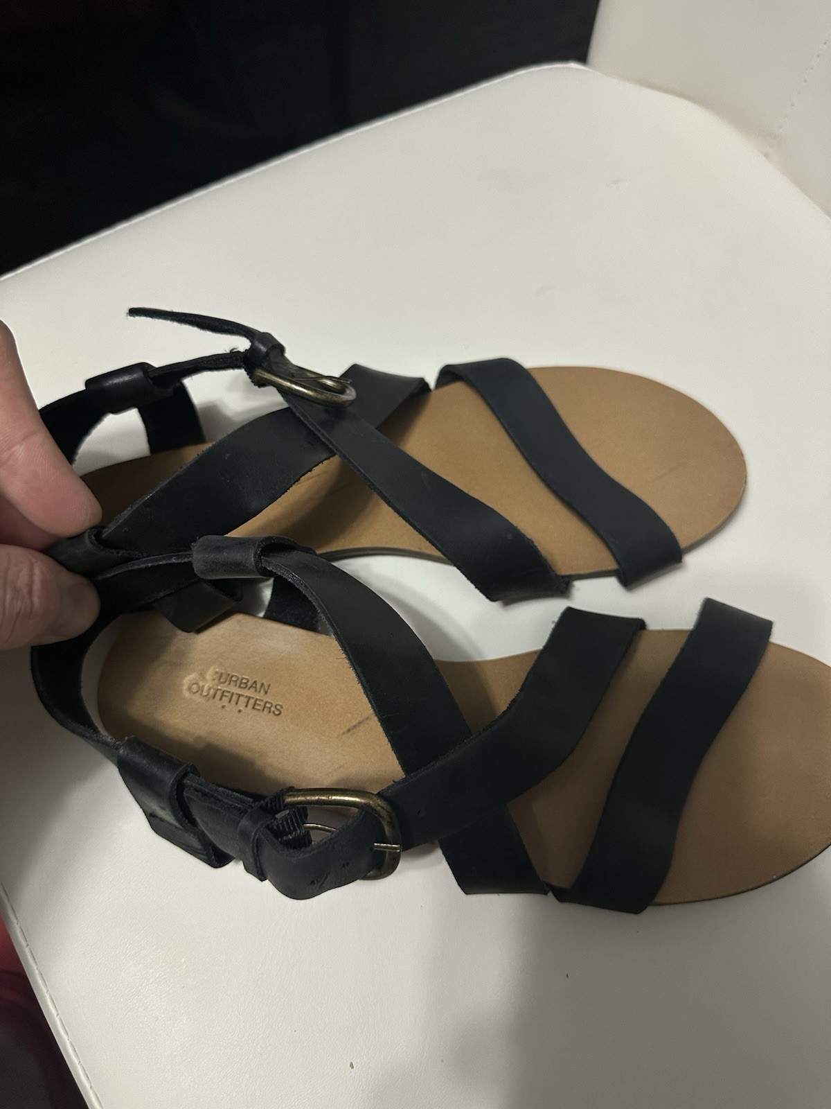 UO Maddie Black Crisscross Leather Sandals Buckle Ankle Strap Flat Boho Size 8