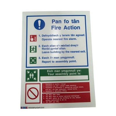 10 x Fire Action Schild - Fire Action Symbolisiertes Plan Sicherheitsschild - Walisisch/Englisch