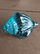 Rare Aqua Blue Glass Iridescent Conch Shell Paperweight 5" Vintage