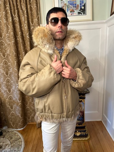 Reversible 26" Mens White Blonde Coyote Real Fur Bomber Jacket Size 46L Large - Picture 11 of 14