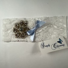 Wedding Garter White Lace Blue Bow Rhinestone Flower Organza Simply Charming