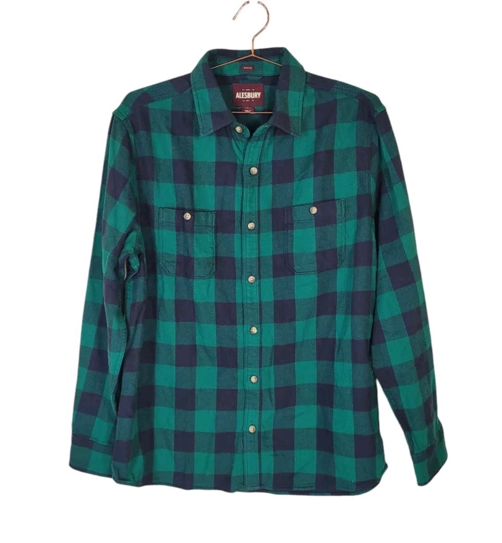 New ALESBURY L Green Navy Buffalo Plaid Regular Button Front