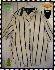 XL XLarge TOMMY HILFIGER Cream Navy Stripe VINTAGE Button Cotton Mens Shirt RARE
