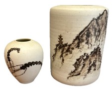2 Ceramic Bud Vases Scenic Mountain View Good Fortune Shrimp Symbol