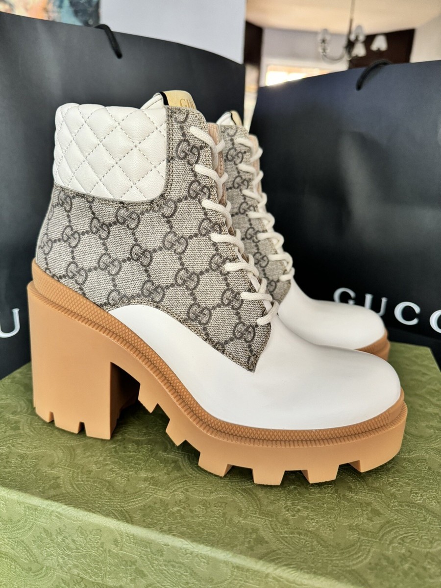 Gucci Women Lace up Heeled Ankle boots GG coated Canvas with