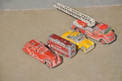 4 Pc Vintage Antimony/Pewter Different Car,Bus Truck Litho Toys,England/Germany