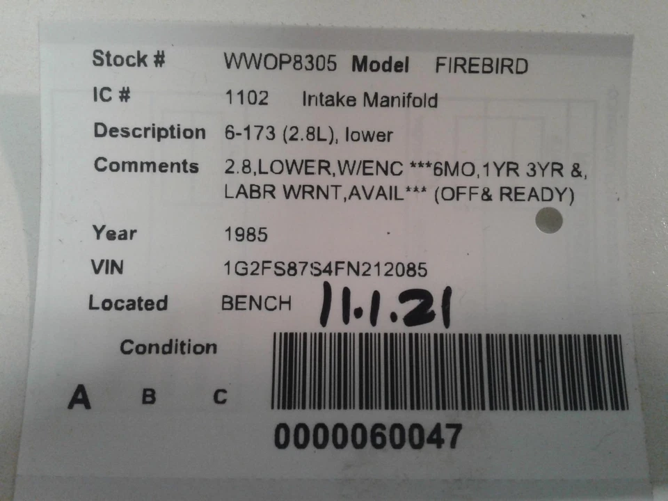 Used Lower Engine Intake Manifold fits: 1985 Pontiac Firebird 6-173 2.8L lower L - Image 2 of 4