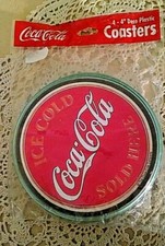 COKE COASTERS ICE COLD COCA COLA SOLD HERE QTY 4 4" DECO PLASTIC CONIMAR NOS.
