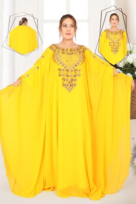 Attractive Moroccan Kaftan Yellow Color Crystal Work Georgette New For Women