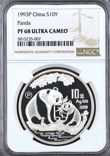 China 1993 10 Y Yuan Silver Panda Coin Ounce Oz NGC PROOF PF 68 Ultra Cameo UC