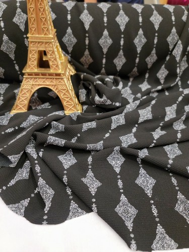 Black Crepe Stretch Fabric By The Yard White Geometric Pattern Fashion Dress - Picture 8 of 8