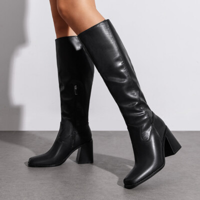 Women Knee High Block Heel Boots with Side Zipper Square Toe