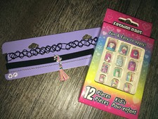 Claire  s Unicorn Choker 3 Necklace Set Llama Rainbow Stick On Nails Jewelry Lot