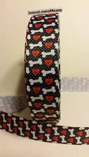 Grosgrain Ribbon, White Doggie Bones, Paw Print on Heart Polk Dot, 1"