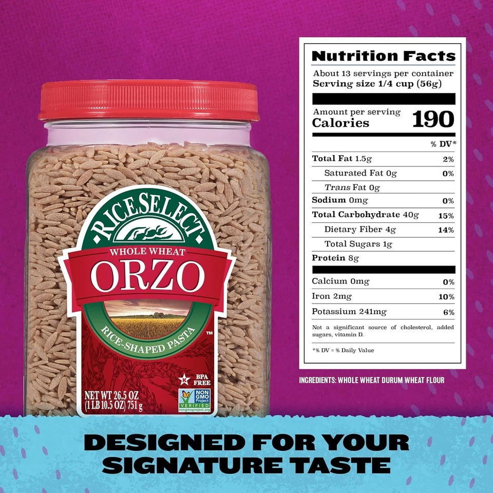 RiceSelect Trigo Integral Orzo Pasta en Forma de Arroz No OGM Vegano 1.66 Libras Paquete de 1 Foto 2 de 4