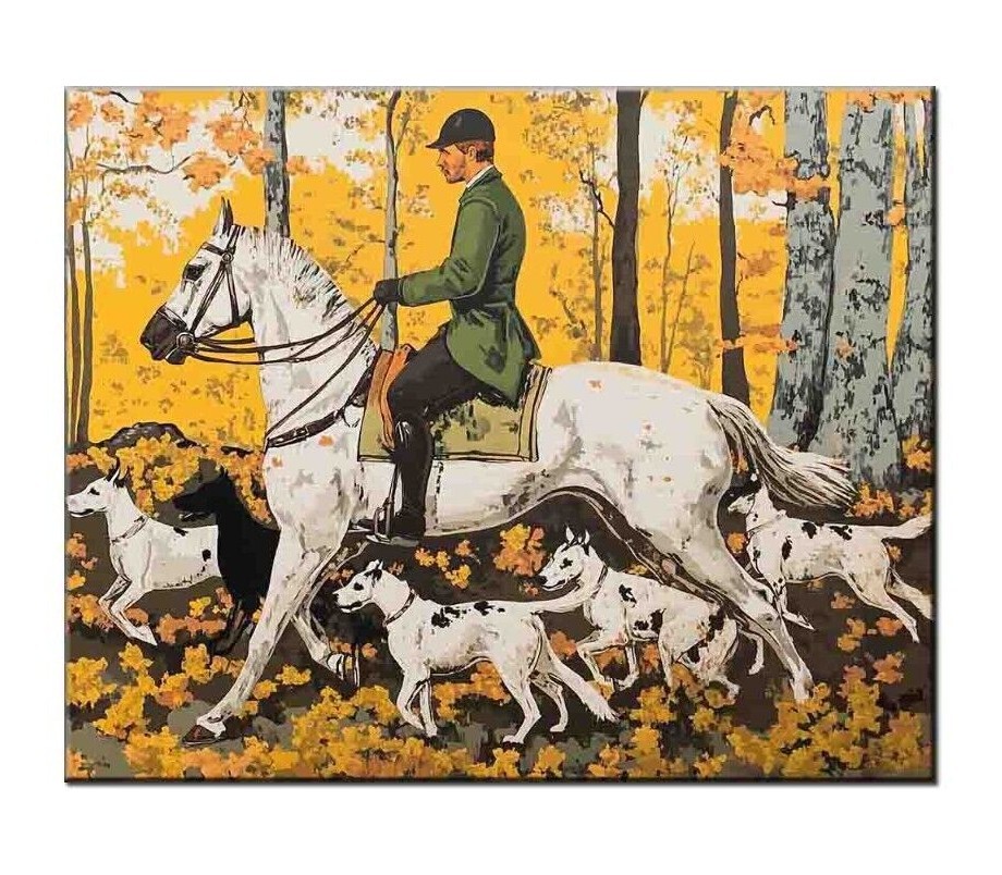 Vintage Hunting Scene Art Print,Autumn Landscape Illustration