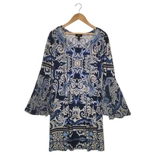 MSK Dress Womens L Geometric Chiffon Flare Bell Sleeve Bohemian Retro Dress Blue