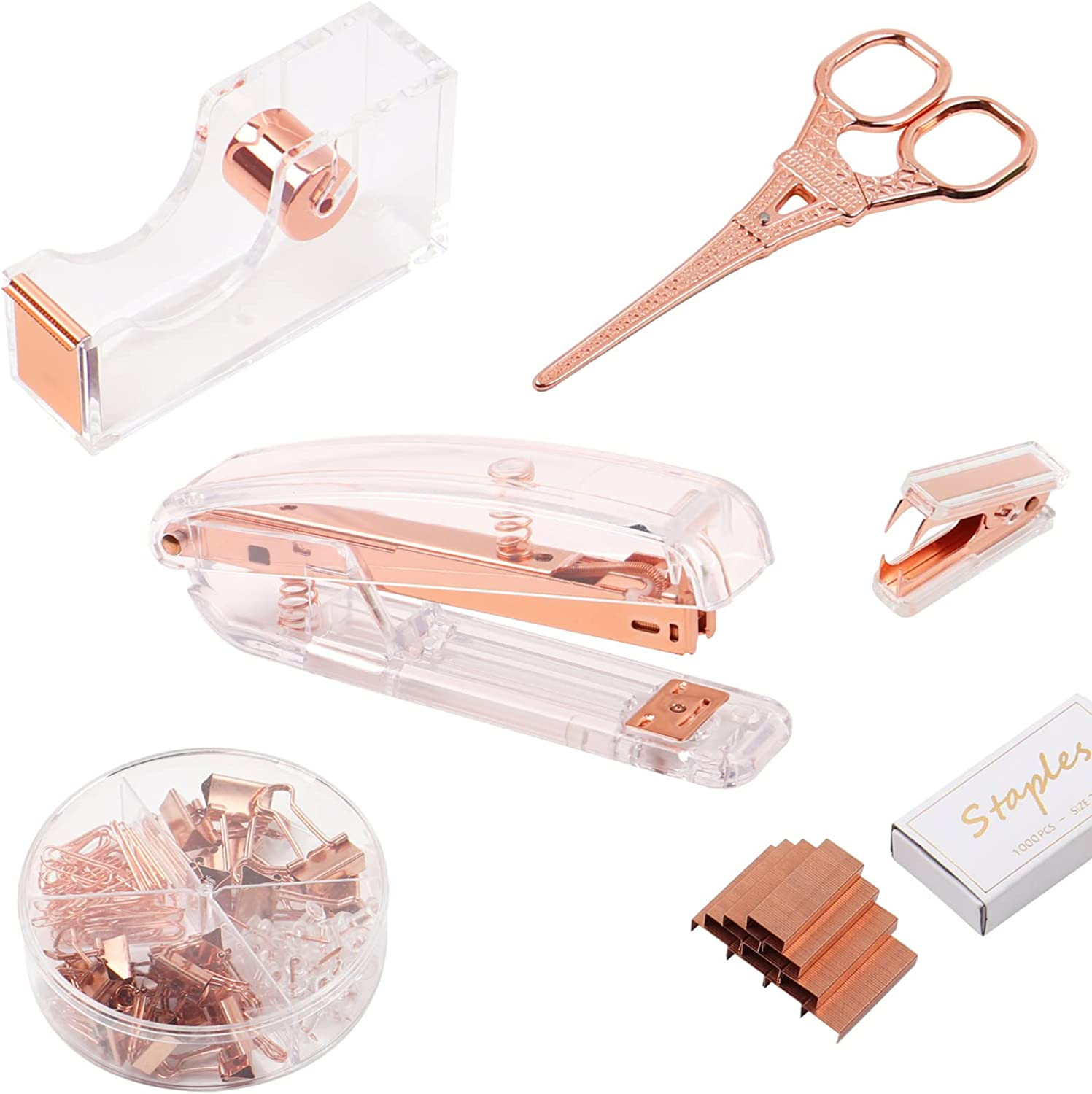 Kit papeterie rose doré avec agrafeuse et dévidoir pour télétravail inspirant