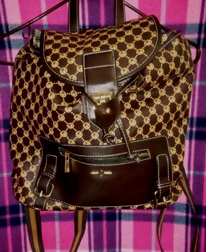 Wendy Keen Bucket Backpack Brown/Carmel Leather Signature Monogram- NWT